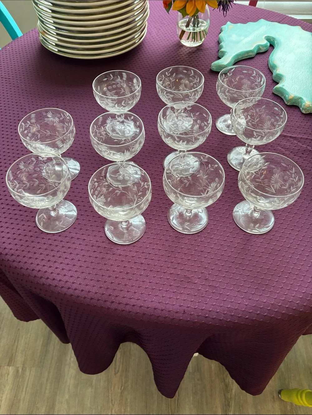 11 Elegant Vintage Etched Crystal or Glass Champagne Coupes/Sherbet dishes